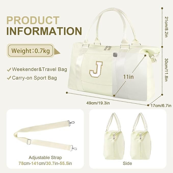 Dance Gym Duffel Bag for Teen Girls, Personalized Initial Travel Weekender Bag,Cute Overnight Carry On Duffle for Women,Sports Travel Cheer Bag,Monogram Christmas Gifts for Tween Preppy(beige-J)