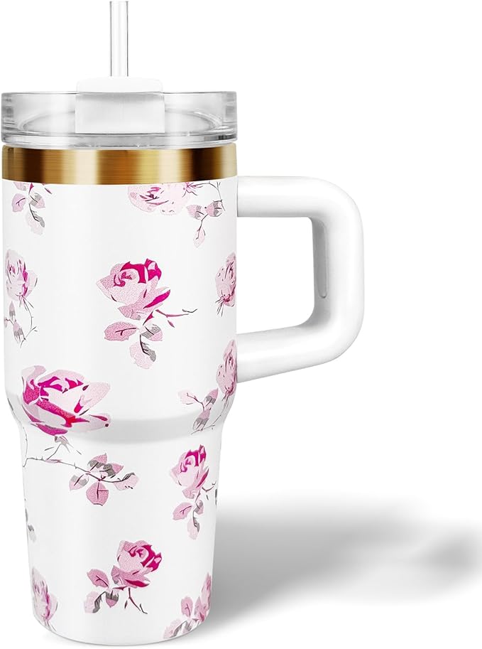 14 oz Tumbler with Handle and Straw, 14oz Toddler Tumbler with Lid and Straw for Kids Stainless Steel Tumblers, Outdoor Sports Travel School Gift, Keeps Drinks Cold up to 24 Hrs(WhiteFlower)