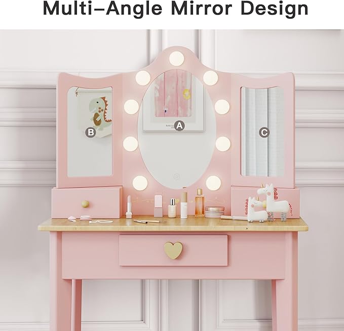 labebe Kids Vanity, Girls Vanity Desk with LED Changing Lights, Pretend Play Princess Vanity Set, Wooden Toddler Makeup Desk Dressing Table with Drawer and Chair (Pink)