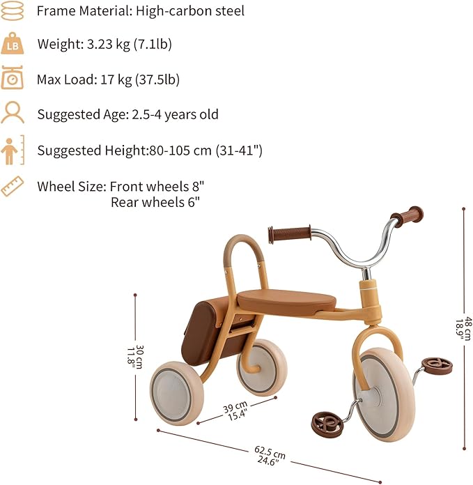 Kidpop Mate Toddler Tricycle Age 2.5-4 Kids First Birthday Gift Toy Bike with Handlebar Grips & Storage for Outdoor Play (Yellow)