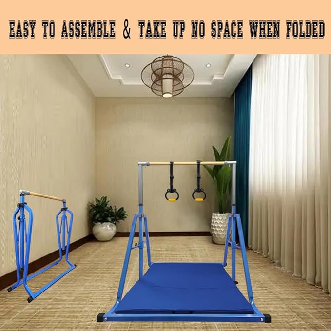Foldable Gymnastics Kip Bar,Horizontal Bar for Kids,No Wobble Gym Equipment for Home Indoor,3' to 5' Adjustable Height,Gymnasts 1-4 Levels,300 lbs Weight Capacity