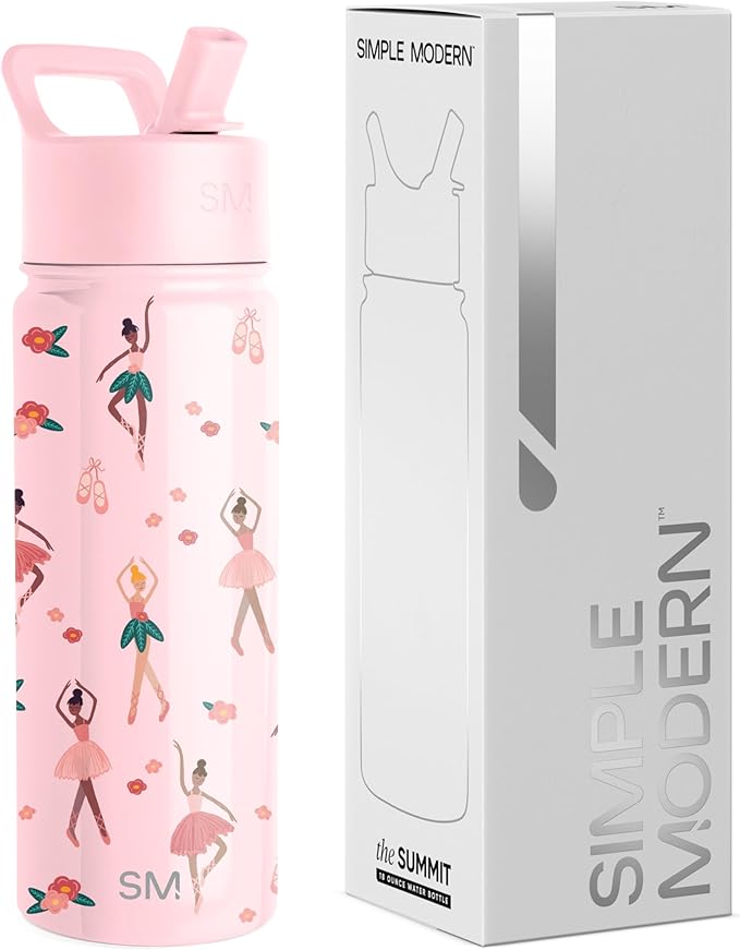 Simple Modern Kids Summit Water Bottle with Straw Lid | 18oz Stainless Steel Cup Insulated Tumbler for Toddlers, School | Pink Ballerina