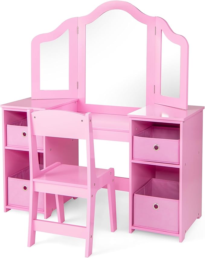 Costzon Kids Vanity, 2 in 1 Princess Makeup Desk & Chair Set with Tri-Folding Mirror, 4 Storage Bins, Wooden Toddler Vanity Dressing Table, Vanity Set for Little Girls (Pink)