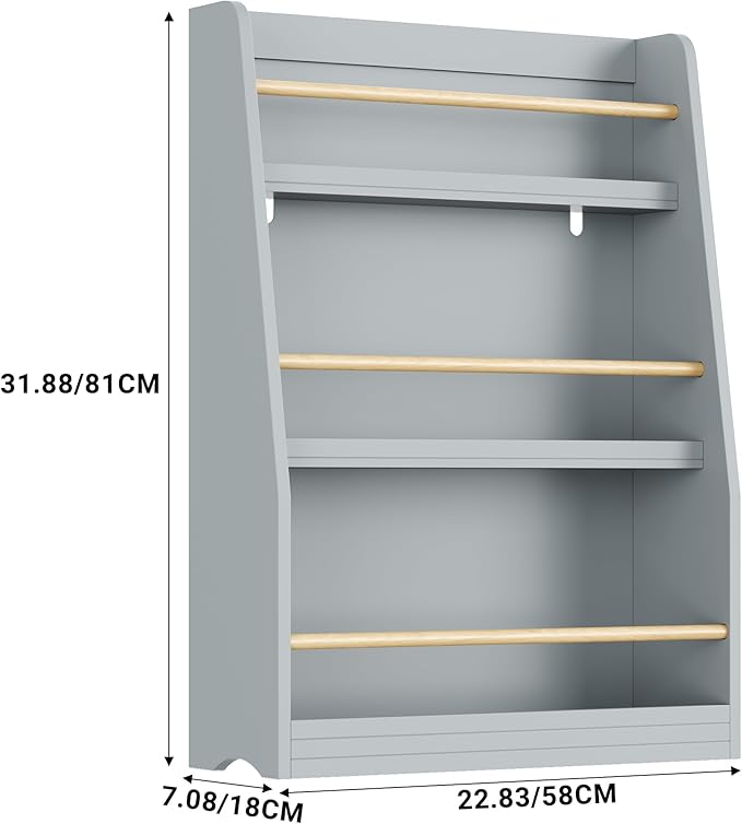 Kids Bookshelf, 3-Tier Montessori Book Shelf Organizer for Books and Toys, Toddler Bookshelf for Bedroom, Living Room, Playroom, Classroom, Nursery - Gray