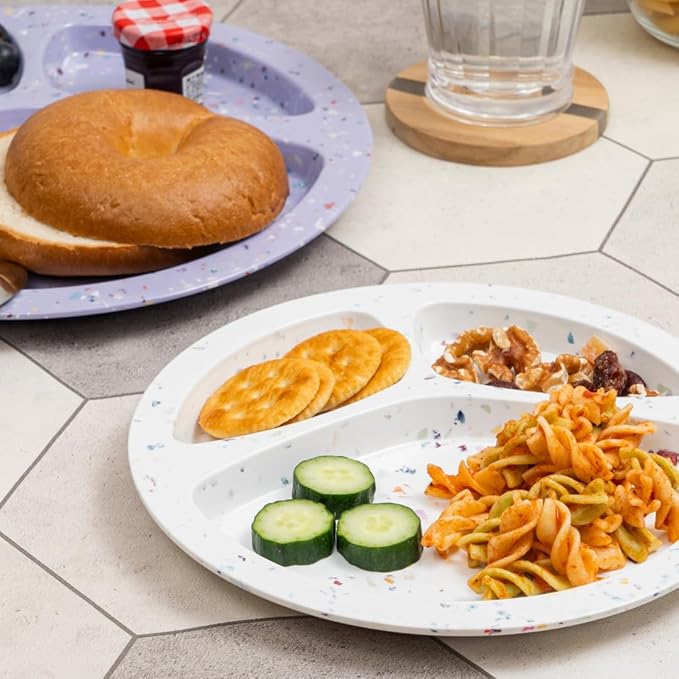 Bzyoo 9-Inch Melamine Divided Plates – 3-Section Portion Control Plates, Food Safe & Durable, Lightweight & Unbreakable, Reusable Tableware for Kids, Big Kids & Everyday Meals, Confetti White