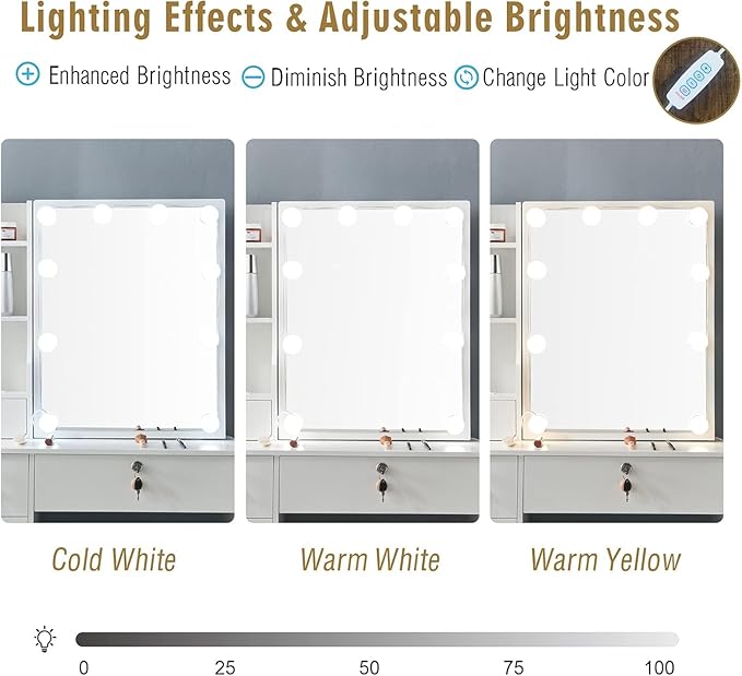 Makeup Vanity Set Dressing Table with Sliding Lighted Mirror and Lockable Drawers, Girls Vanity Set with Cushioned Stool and Hidden Shelves for Bedroom, Bedside. White