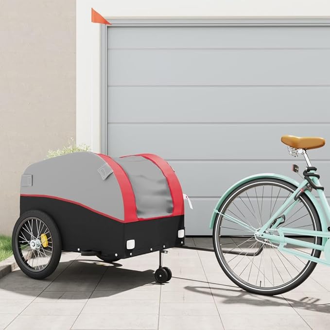 Bike Wagon Trailer, Bike Cart with Safety Flag, Bike Trailer Bicycle Cargo Trailer, Black and Red 99.2 lb Iron, 26.8"x52.4"x26.8"