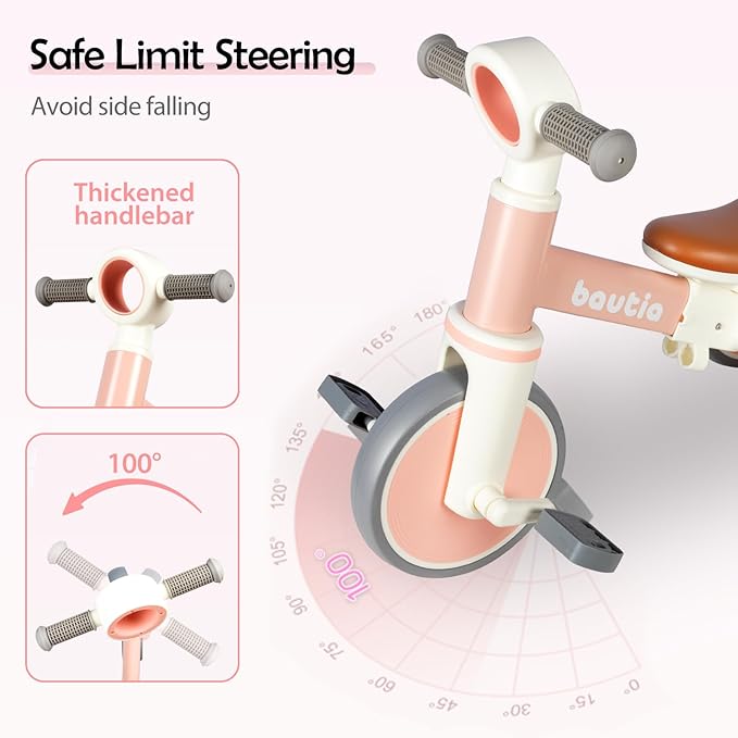 Kids Tricycle for Toddlers 1-3 with Push Handle, 5 in 1 Baby Balance Bike Toy for 1-4 Years Old Boys Girls Gift with Removable Pedals (No Parent Steering Version)