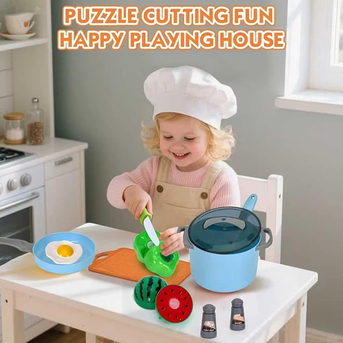 90Pcs Kitchen Playset Accessories, Pretend Cooking with Pots, Pans, Cookware, Food, Fruit, Veges, Color Sorting Baskets, Prop Money, Learning Gift for Girls Boys Toddlers (Blue)