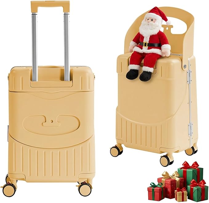 20'' Luggage with Child Seat, Ride On Suitcase with Shockproof Silent Spinner Wheels, TSA Lock, Carry On Luggage with Foldable Backrest, Bag Hook for Kids.