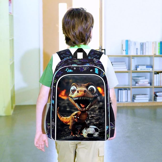 16" Dinosaur Backpack for Boy, 3Pcs Soccer Bookbag for Elementary Preschool Kindergarten, Kids School Backpacks with Lunch Box (Black)