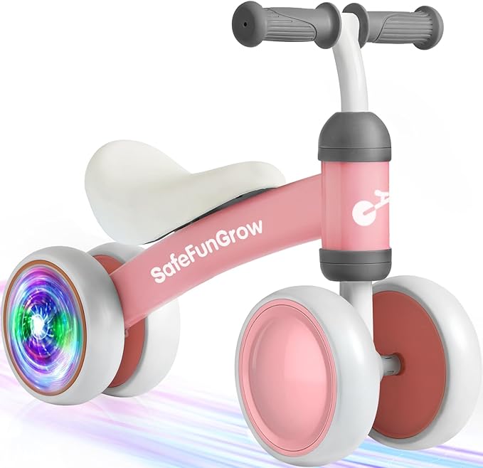 Colorful Lighting Baby Balance Bike Toys for 1 Year Old Girl Gifts, Balance Bike 1 Year Old No Pedal, 12-24 Months Toddler Ride on Toys with 4 Silent Wheels & Soft Seat, 1st Birthday Gifts, Pink