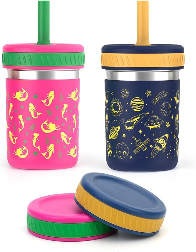 Sursip Toddlers Sippy Cups Stainless Steel Kids Cups with Straws and Lids | Spill-Proof Tumbler Drinks & Snacks, Smoothie Cups, BPA-Free, Dishwasher Safe,2 Packs
