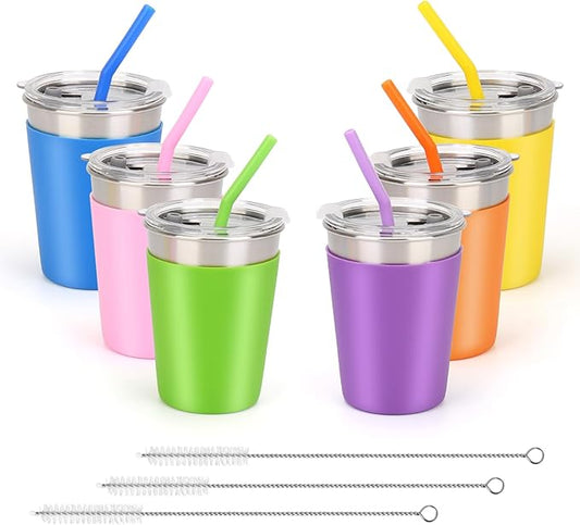Stainless Steel Cups for Kids, 12oz Kids Cups with Straws and Lids Leak Proof, Unbreakable Toddler Cups with Silicone Sleeves for Hot or Cold Drinks, 6 Count