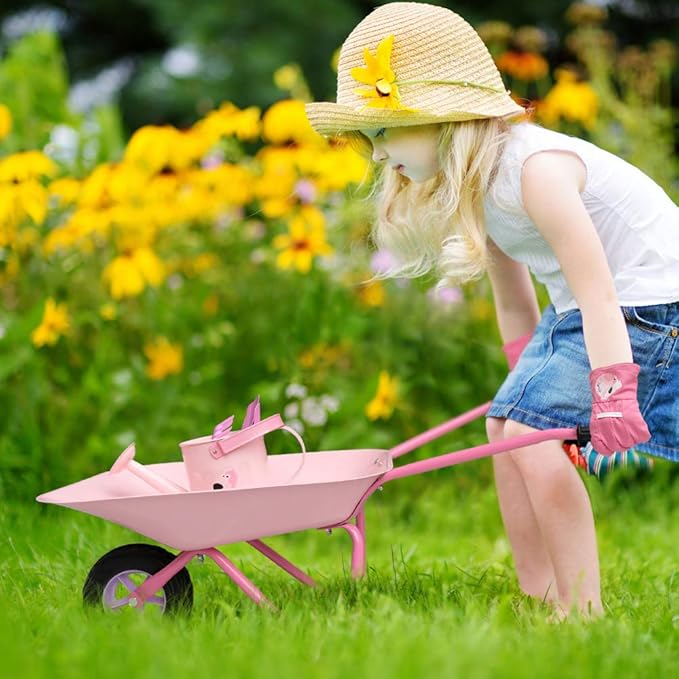 Kids Wheelbarrow Set Metal, Pink Child Wheel Barrel and Kids Gardening Tools Toddler, Garden Toys with Small Wheel Barrow, Outdoor Indoor Toys Gift for Girls