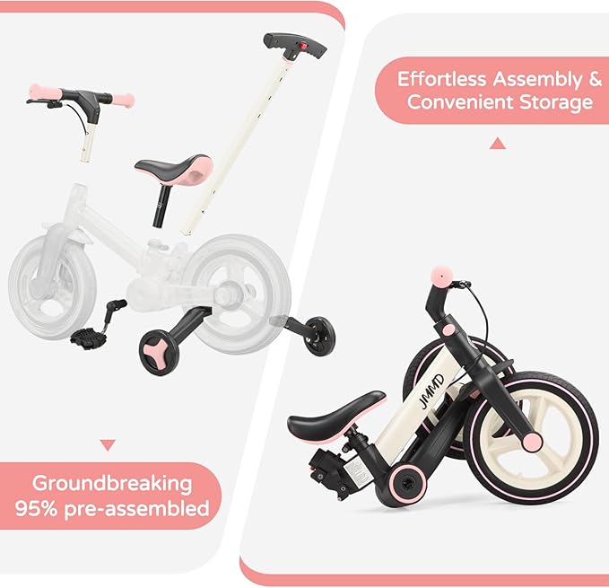 JMMD Toddler Bike with Push Handle for Kids 18-60 Months, 6 in 1 Foldable Push Bike with Training Wheels, Pedals, Brakes, Kickstand, Kid Balance Bike Gift & Toys for Boy & Girl