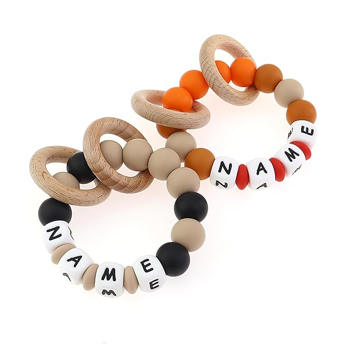 Personalized Baby Rattle Teether with Name, Customized Grasping Activity Shaker Grab Rattles, Early Educational Toys with Wood Teething Rings for Newborn Infant Toddler (Light Grey)