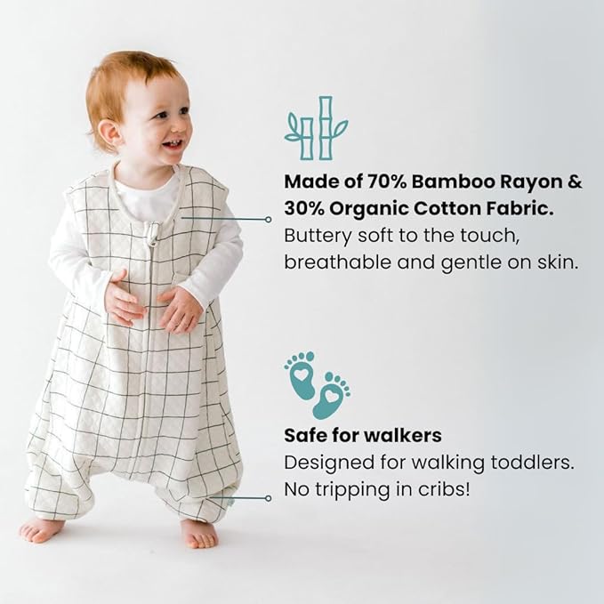 Tealbee Dreamsuit Toddler Sleep Sack with Feet – Walker Sleep Bag with Legs, Rayon made from Bamboo, Summer 0.8 TOG, 2-Way Zipper, 12m-2T - Checkered