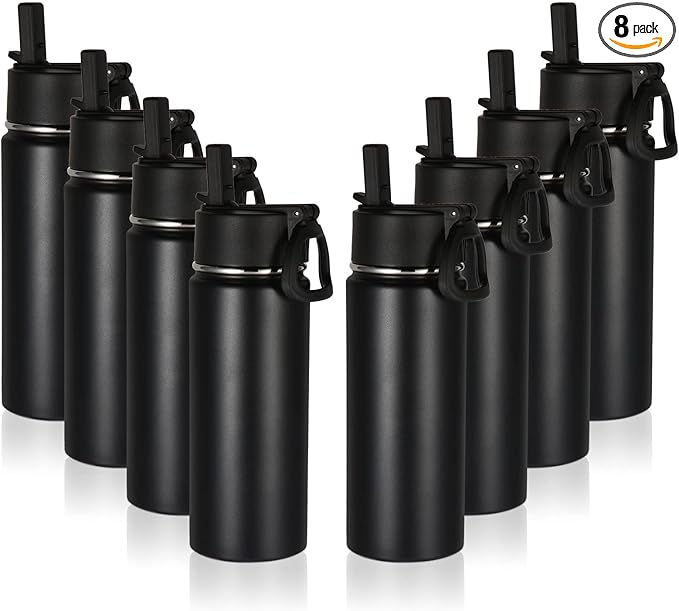 Volhoply 16 OZ Kids Water Bottle Bulk 8 Pack,Insulated Sports Bottles with Straw Lid,Stainless Steel Bottle with Handle Keep Cold & Hot,Double Wall Vacuum Tumbler Cups for School,Girls(Black, 8)