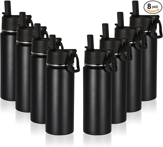 Volhoply 16 OZ Kids Water Bottle Bulk 8 Pack,Insulated Sports Bottles with Straw Lid,Stainless Steel Bottle with Handle Keep Cold & Hot,Double Wall Vacuum Tumbler Cups for School,Girls(Black, 8)
