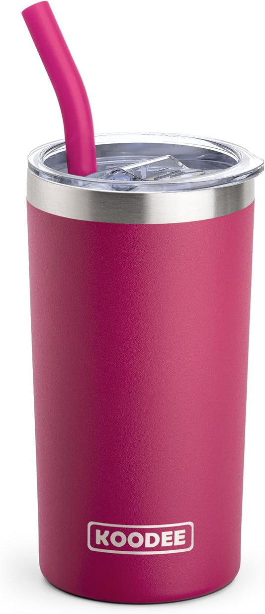 koodee Tumbler with Lid and Straw, 12 oz Insulated Coffee Tumbler Cup Stainless Steel Double Wall Skinny Tumbler with Lid and Straw (Fuchsia Red)