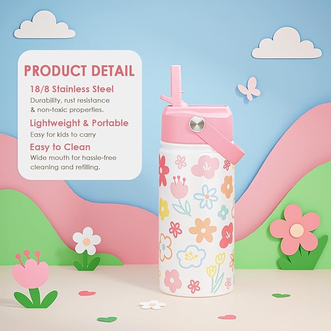 Kids Water Bottle Stainless Steel with Straw Lid, Floral Water Bottle 12oz, Travel Tumbler, Gifts for Girls, Birthday, Christmas, Back To School
