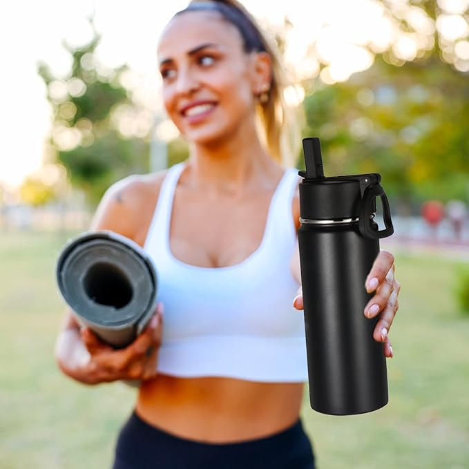 Volhoply 16 OZ Kids Water Bottle Bulk 8 Pack,Insulated Sports Bottles with Straw Lid,Stainless Steel Bottle with Handle Keep Cold & Hot,Double Wall Vacuum Tumbler Cups for School,Girls(Black, 8)