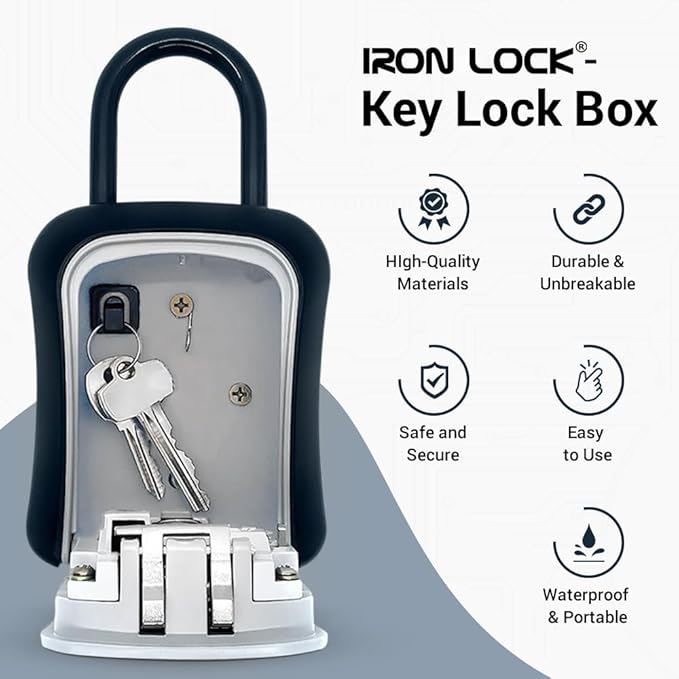 Iron Lock® - Portable Key Lock Box and Wall Mounted with Removable Shackle Indoor Outdoor Waterproof 4 Digit Combination with Resettable Code with A B Switch Key Lockbox for Outside (Medium, Grey)