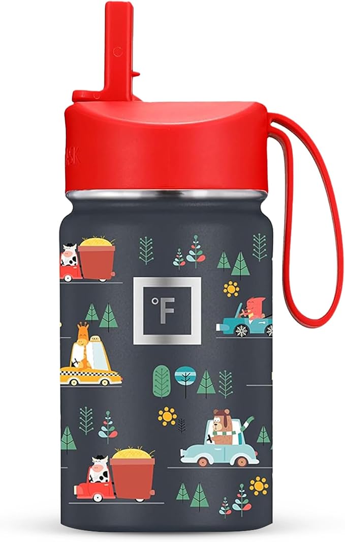 IRON °FLASK Kids Water Bottle - Straw Lid, 20 Name Stickers, Vacuum Insulated Stainless Steel, Double Walled Tumbler Travel Cup, Thermos Mug - Roadtrip, 10 Oz