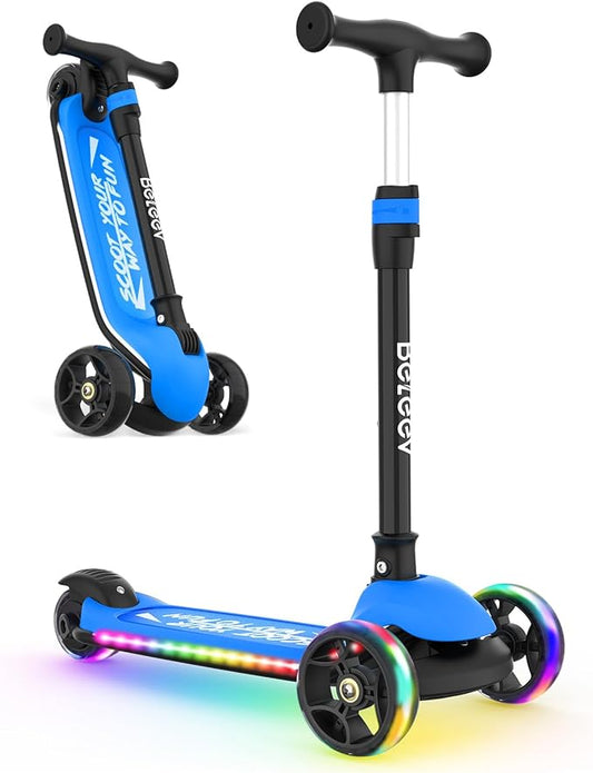 BELEEV A9 Kids Scooter with LED Light-Up Wheels & Deck, 3 Wheel Folding Scooter for Toddlers Girls Boys Ages 3-12, Adjustable Handlebar, Lean to Steer, Extra-Wide Wheels, Kick Scooter for Children