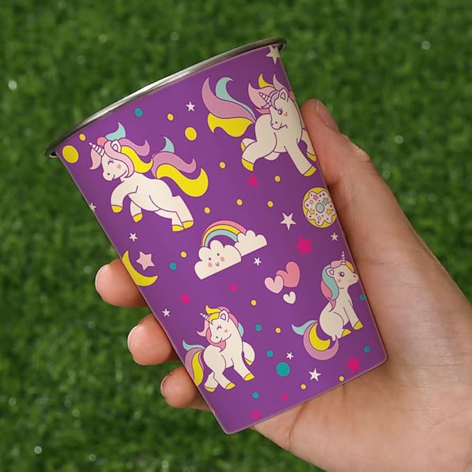 LOZACHE Stainless Steel Kids Cups, 4 Pack 12oz Metal Drinking Pint Cup with Fun Prints (Unicorn, Mermaid, Dinosaur, Vehicles), Stackable Drinking Glasses, BPA Free, Reusable for Home Party Camping