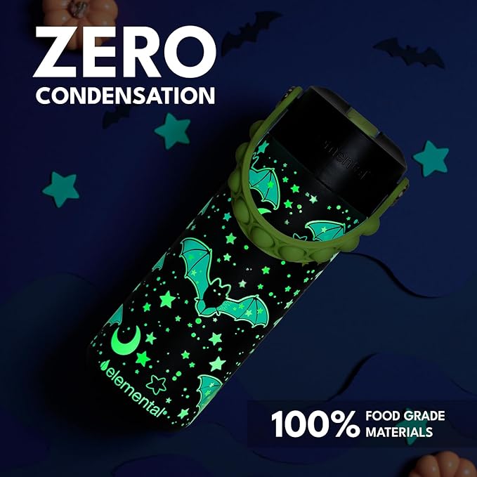 Elemental Insulated Kids Water Bottle, Stainless Steel Water Bottle with Straw Lid & Pop-It Handle, Leak-Proof Water Bottles for School, Boys or Girls, Travelling and Sports, 18oz - Glow Bats