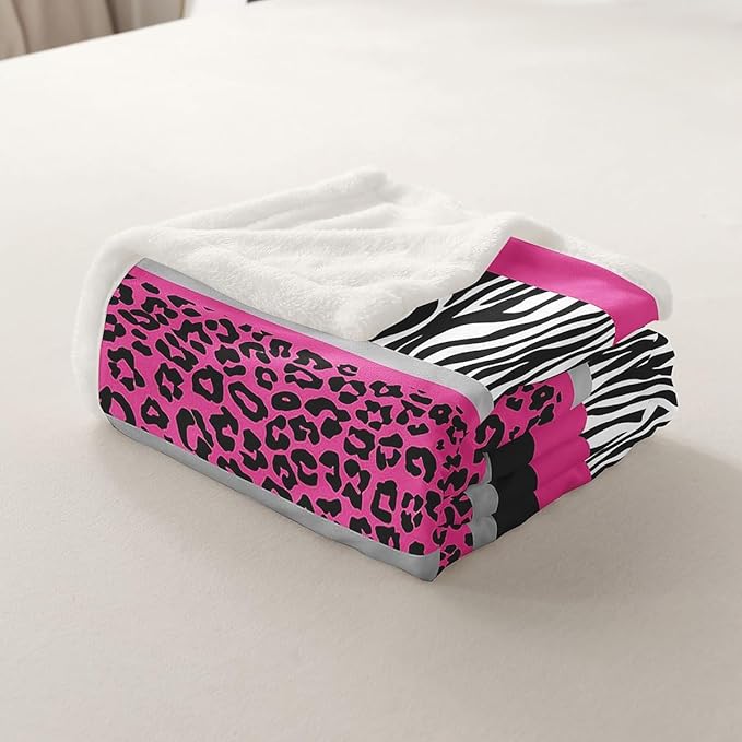 Zebra Stripes Sherpa Blanket with Leopard Print - Pink Black White Ultra Soft Plush Throw for Kids Girls - Wild Animal Skin Fuzzy Decor for Sofa Bed Couch - Queen 90x90 Inch