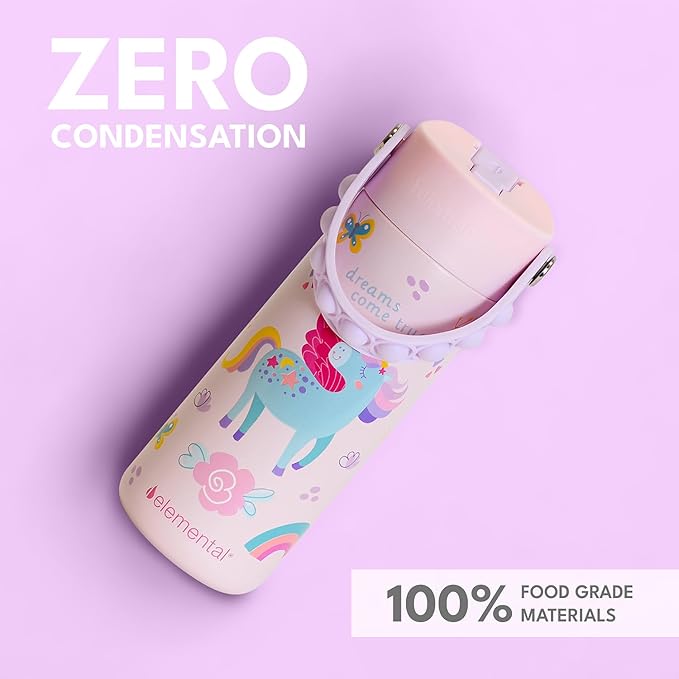 Elemental Insulated Kids Water Bottle, Stainless Steel Water Bottle with Straw Lid & Pop-It Handle, Leak-Proof Water Bottles for School, Boys or Girls, Travelling and Sports, 18oz - Unicorn Rainbow