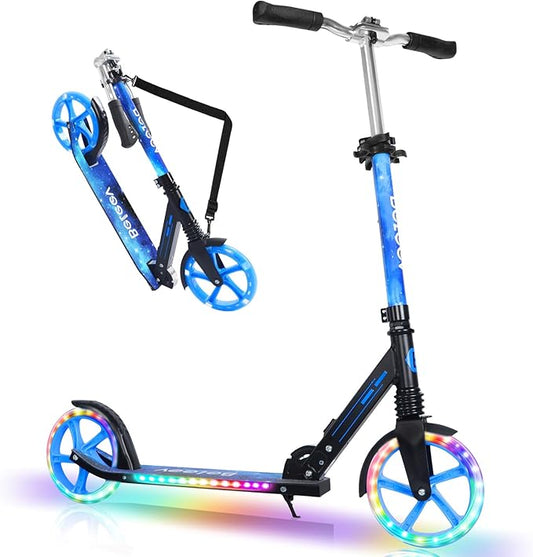 BELEEV V5 Plus Scooters for Kids Ages 6+, Teens with Light-Up Wheels & Deck, 2 Wheel Folding Lightweight Sport Scooter with 4 Adjustable Height, 8-inch Big Wheels, Carry Strap, Max Load 220 lbs