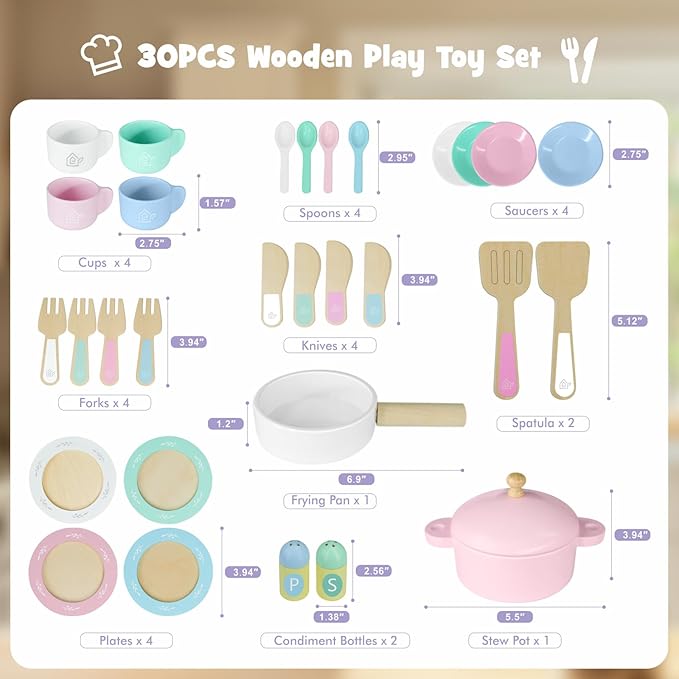 Wooden Toy Plates and Dishes for Kitchen Set, 30PCS Montessori Play Kitchen Accessories for Toddlers with Toy Pots and Pans, Wooden Play Cooking Set for 3-8 Years Girls & Boys