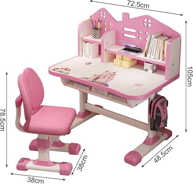 Upgraded Kid's Desk and Chair Set, Adjustable Children's Study Table with Bookshelf and Storage Drawer, 50-Degree Tiltable Desktop with Chair for Bedroom (Pink2 105cm)