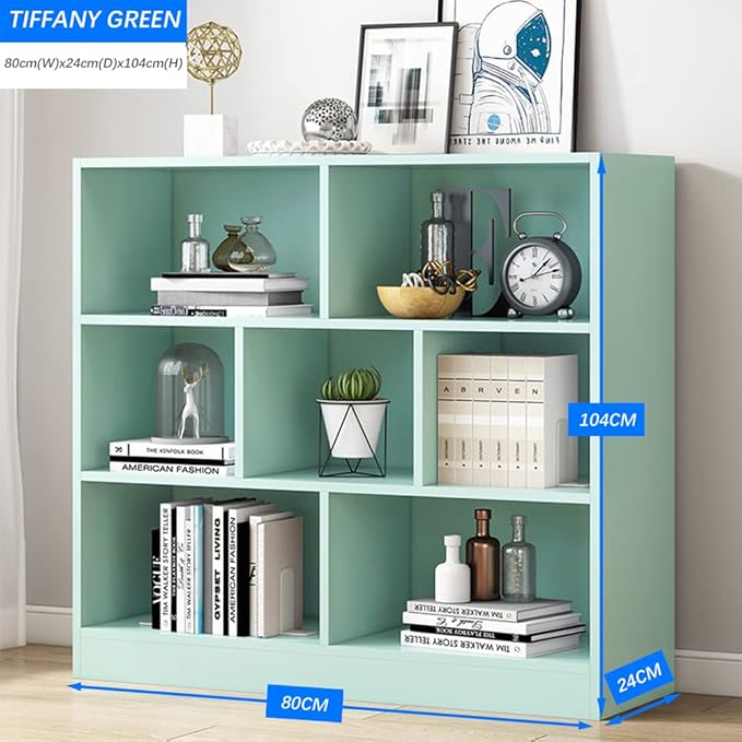 IOTXY Open Shelf Low Bookcase - Wooden 3-Tier Floor Standing Display Cabinet Organizer with Base, 7 Cubes Short Horizontal Bookshelf in Tiffany-Green