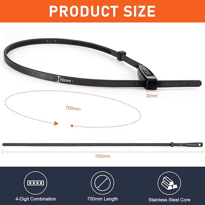 CXWXC Zip Tie Lock - 4-Digit Combo Cable Locks for Bike Motorcycle Helmet, Skateboard, Skis, Snowboard, Stroller & Cabinet - Ideal for Lightweight Security (Balck, 70CM)