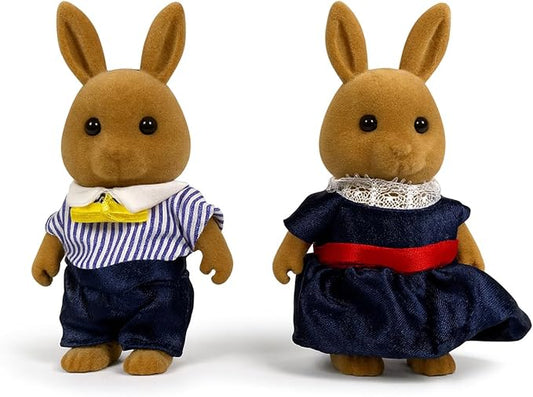 Family Brown Rabbit Figures — Set of 2 Collectible Flocked Mini Dolls with Removable Clothes, Miniature Dollhouse Pretend Play Figures for Kids Ages 3+