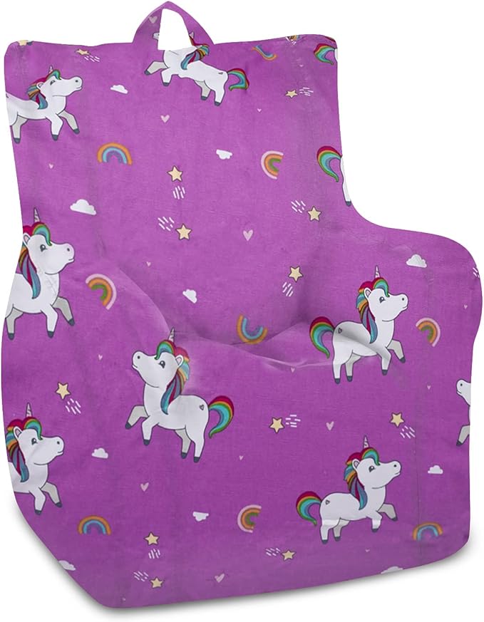 Posh Creations Bean Bag Chair Structured Seat for Toddlers and Kids, Comfy Chair for Gaming, Reading, and Watching TV for Children, Pasadena Chair, Canvas - Unicorn Rainbows on Purple