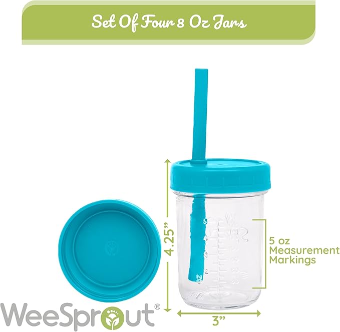 WeeSprout Glass Cups With Lids & Straws, Spill-Resistant Smoothie Jars for Toddlers & Kids, Baby Food Storage & Snack Containers, XL Silicone Straw, Easy-grip Sleeves, Set of Four, Dishwasher Safe