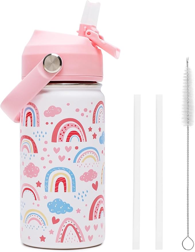 14oz Kids Insulated Water Bottle with Straw Lid - 18/8 Stainless Steel Kid Cup Travel Tumbler Double Wall Vacuum Leak Proof Portable Toddler Water Bottle (Rainbow)