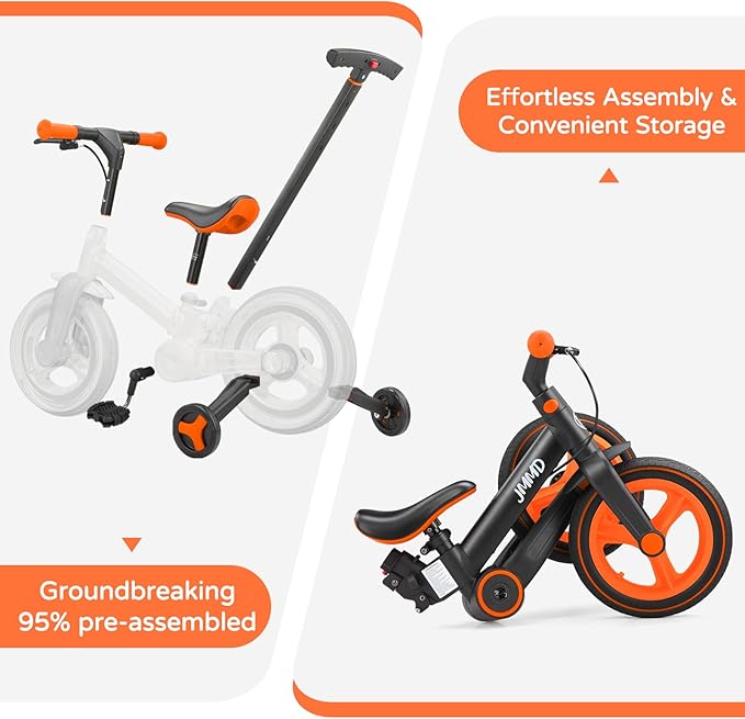 JMMD Toddler Bike with Push Handle for Kids 18-60 Months, 6 in 1 Foldable Push Bike with Training Wheels, Pedals, Brakes, Kickstand, Kid Balance Bike Gift & Toys for Boy & Girl
