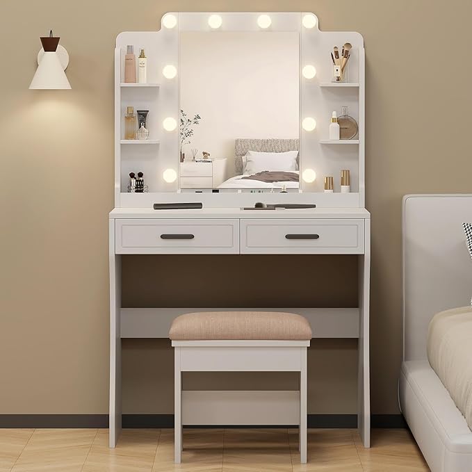 Makeup Vanity Desk with Mirror and Lights Makeup Table with Lights Luxury Vanity Desk with Mirror White Girls Vanity Set Make Up Bedroom Vanity(33.5" Vanity)