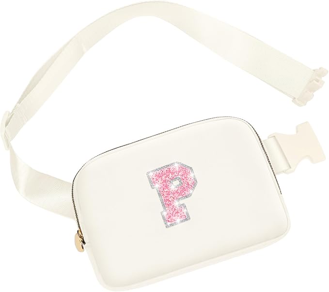 Personalized Belt Bag for Women Girls,Fashion Waist Packs with Adjustable Strap, Fanny Pack Crossbody Bag with Initial Letter Patch, Teen Birthday Gifts for Sister Teenager Tween Preteen (Cream, P)