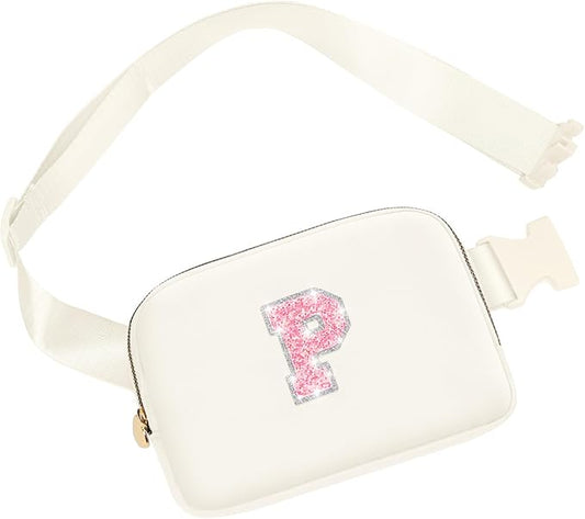 Personalized Belt Bag for Women Girls,Fashion Waist Packs with Adjustable Strap, Fanny Pack Crossbody Bag with Initial Letter Patch, Teen Birthday Gifts for Sister Teenager Tween Preteen (Cream, P)