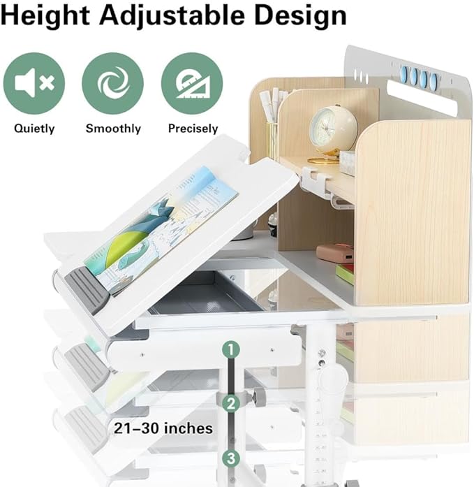 COSVALVE 39in Wide Adjustable Height Kids Desk with Tilting Desktop, Steel Frame, Drawer, and Bookshelf Hutch, Study Child Table for Ages 3-12, Grey