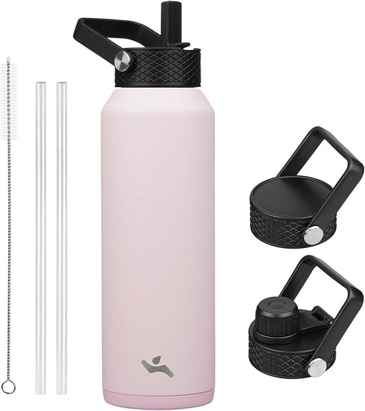 40oz Insulated Stainless Steel Water Bottle with Straw and 3 Lids, BPA-Free Sports Water Bottle,travel water bottle,Pink