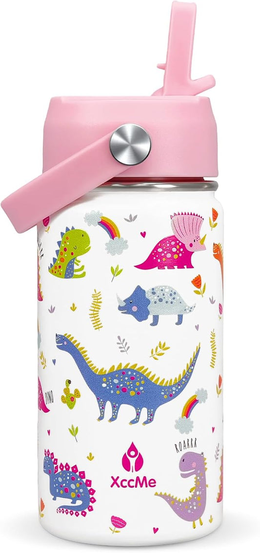 Dinosaur Kids Water Bottle With Straw Lid,14 oz Stainless Steel Travel Bottle,Double Wall Leak Proof Kids Cup,Insulated Tumbler for Toddlers,Pink Metal Bottle for School Boys Girls